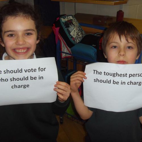 Children chose criteria to select a leader as part of learning about democracy